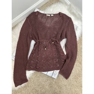 Vintage FieldGear Brown Crochet Knit Babydoll Sweater Top